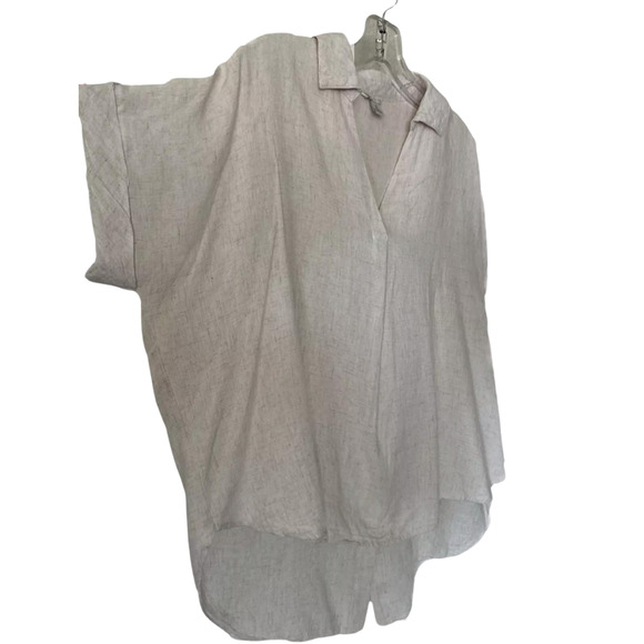 Linen Top Blouse Women's Size S Natural Neutral Beige Color V-Neck Button Back - Picture 3 of 9